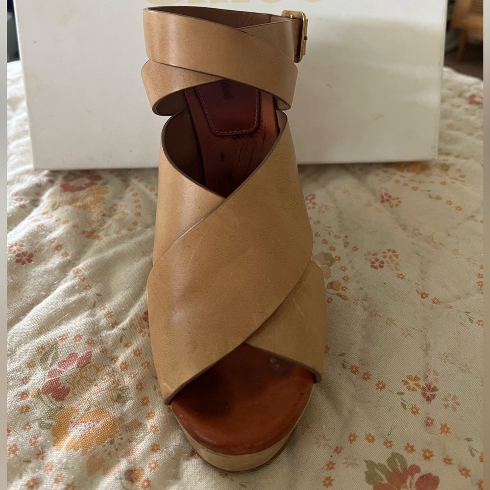 Chloe Strappy Leather Platform Sandals - Tan Size 38.5 - Picture 6 of 15